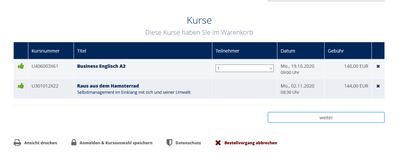 Übersicht Kurse im Warenkorb